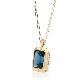 18k Yellow Gold Natural Navy Blue Topaz Emerald Necklace With Diamonds