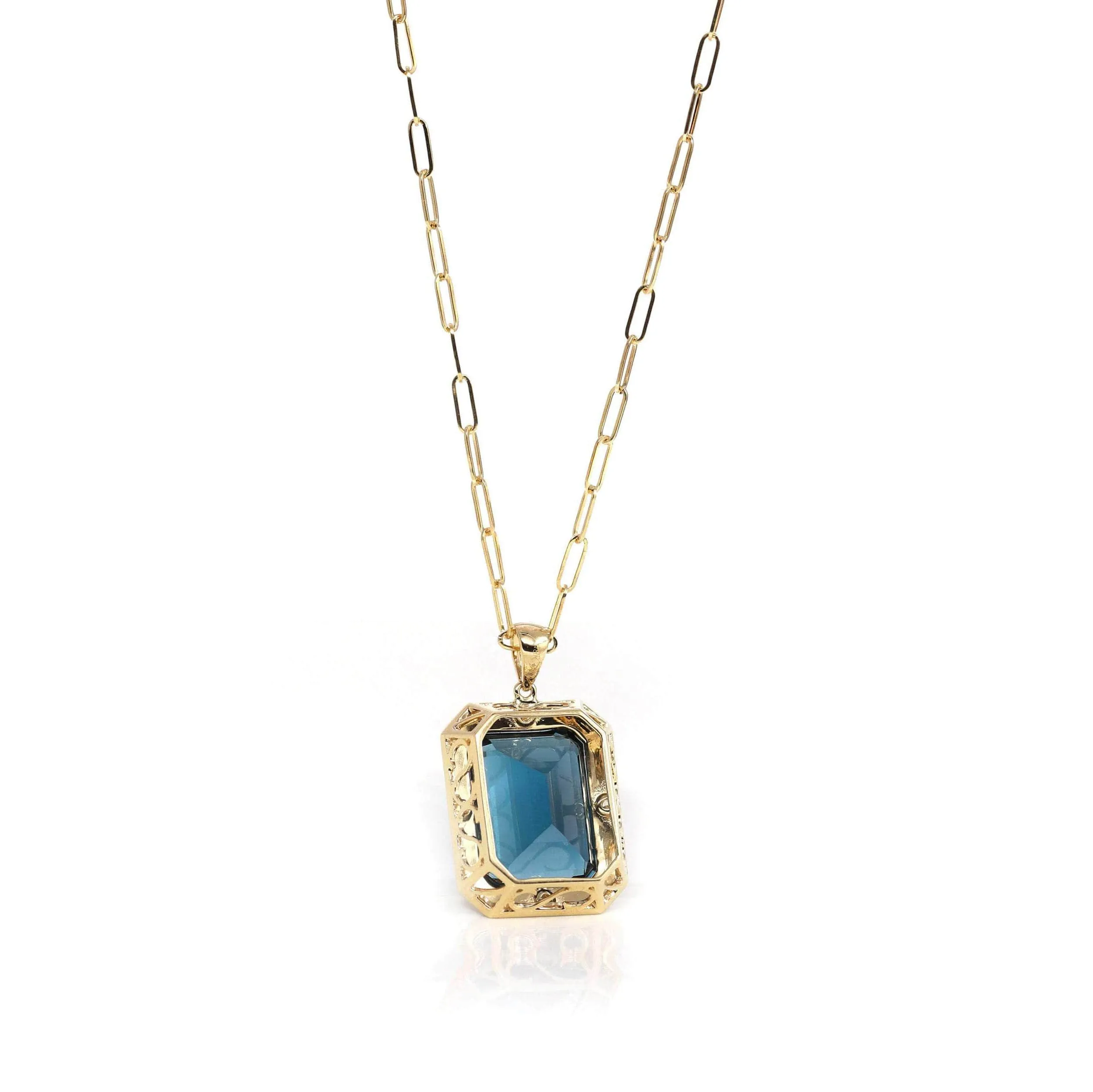 18k Yellow Gold Natural Navy Blue Topaz Emerald Necklace With Diamonds