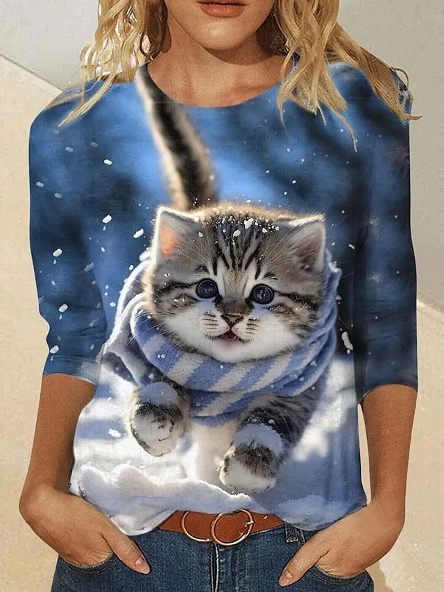 3D Cat Print Women's Long Sleeve T-Shirt for Spring and Fall