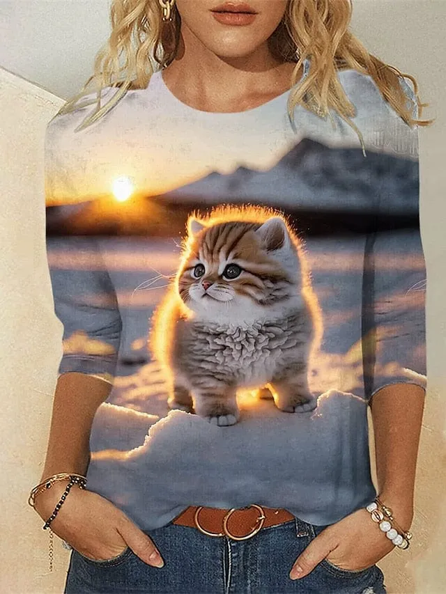 3D Cat Print Women's Long Sleeve T-Shirt for Spring and Fall