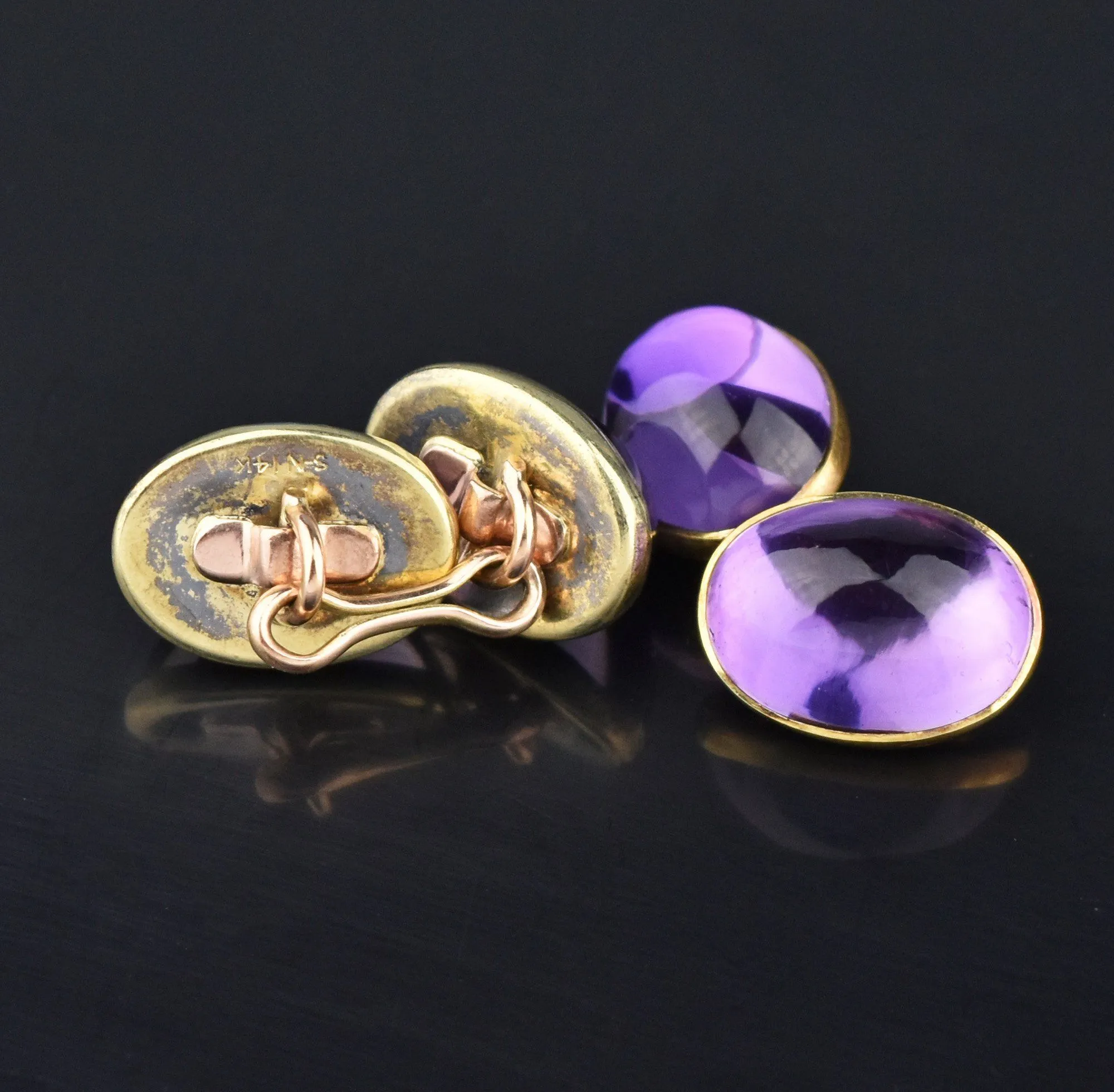 Antique 14K Gold 1920s Amethyst Cufflinks, Original Case