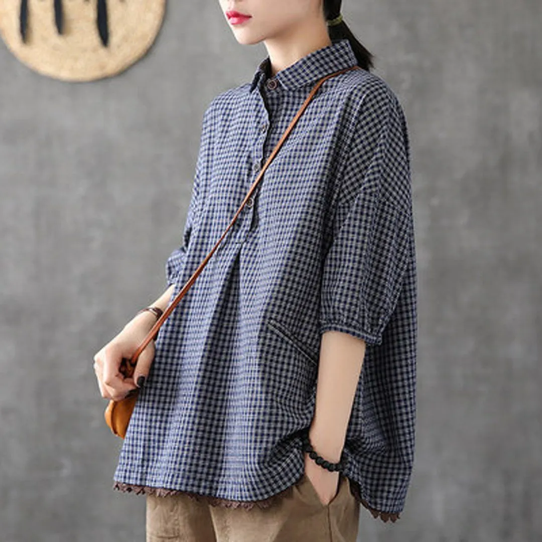 Babakud Plaid Button Pockets Casual Loose Shirt