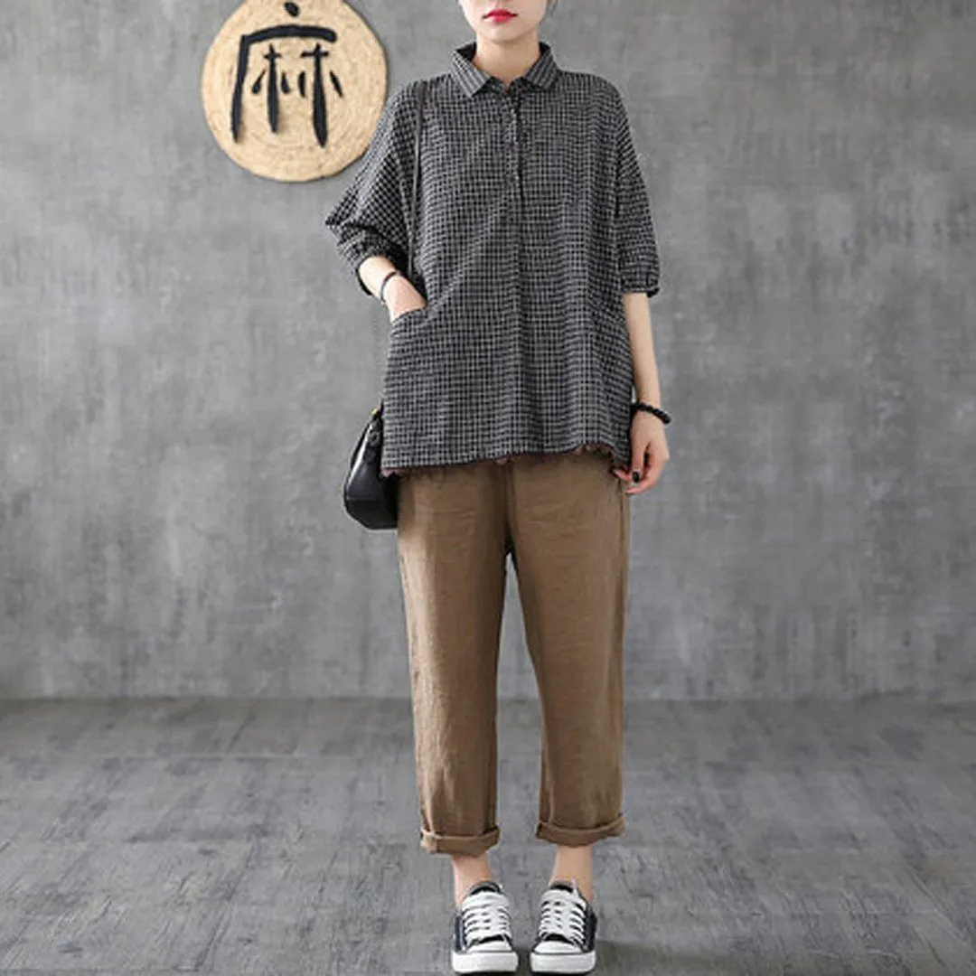 Babakud Plaid Button Pockets Casual Loose Shirt