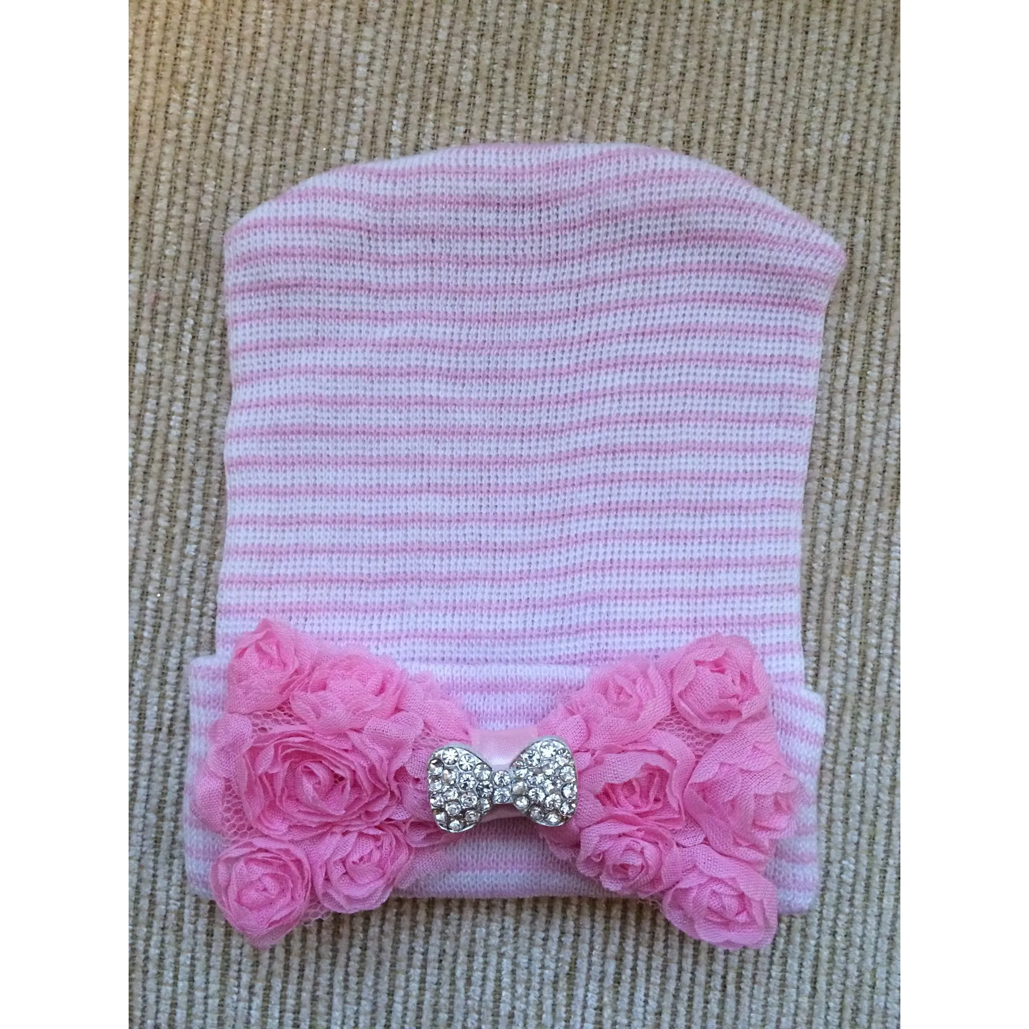 Baby Hospital Hat pink with crystal, pick your color bow