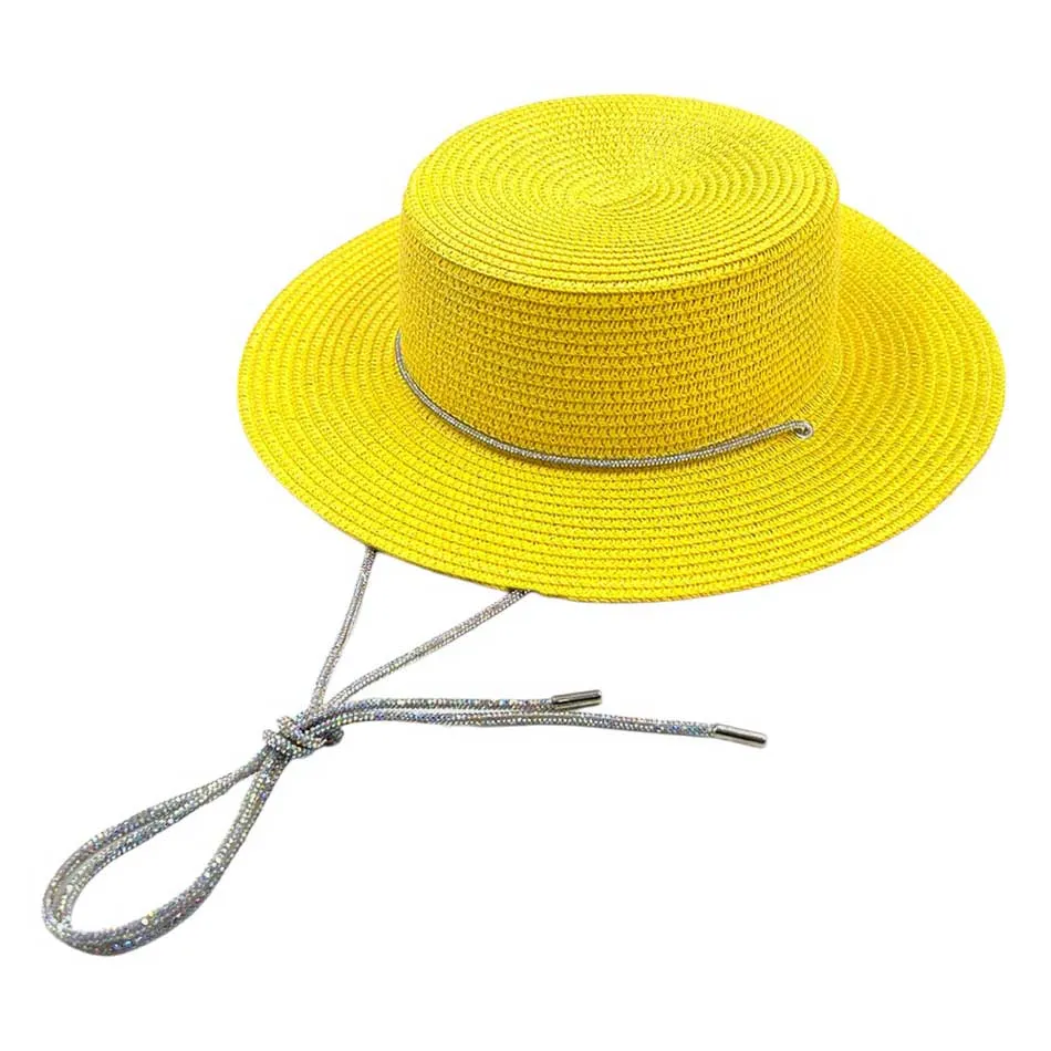 Bling Chin Tie Straw Sun Hat