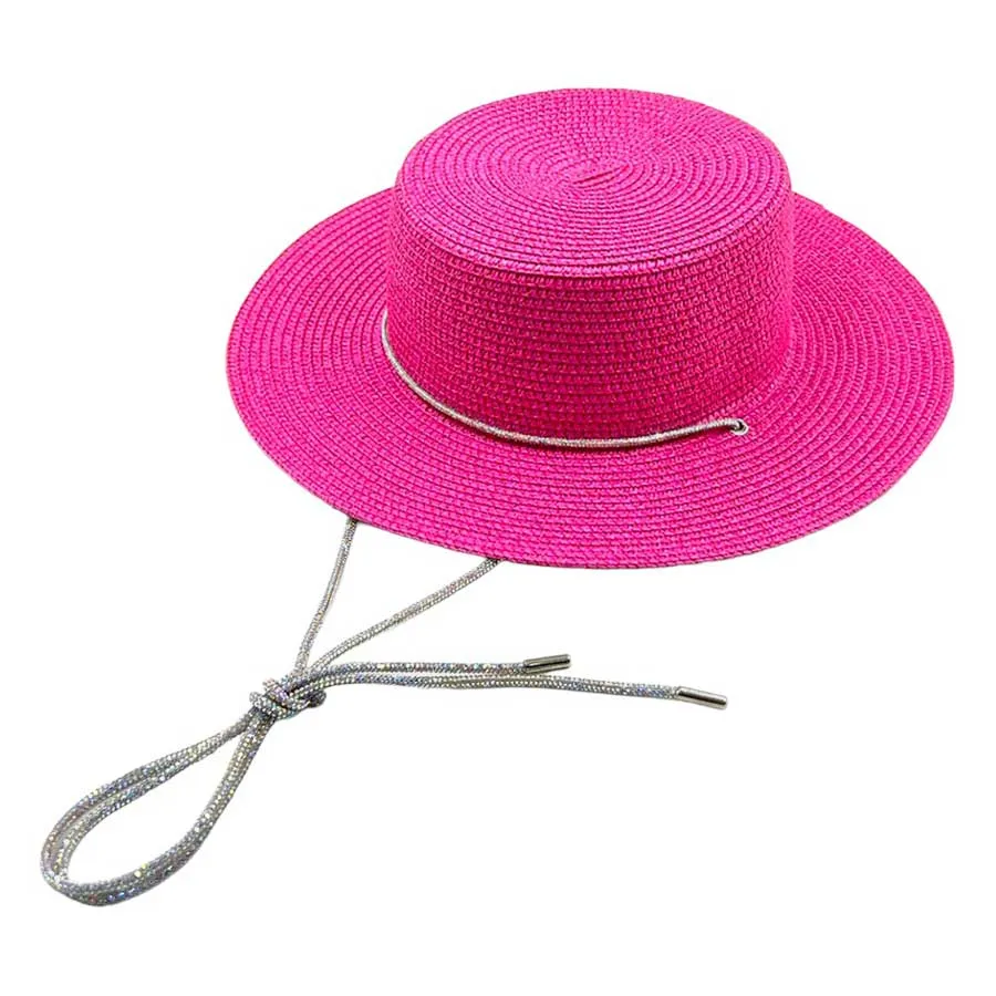 Bling Chin Tie Straw Sun Hat