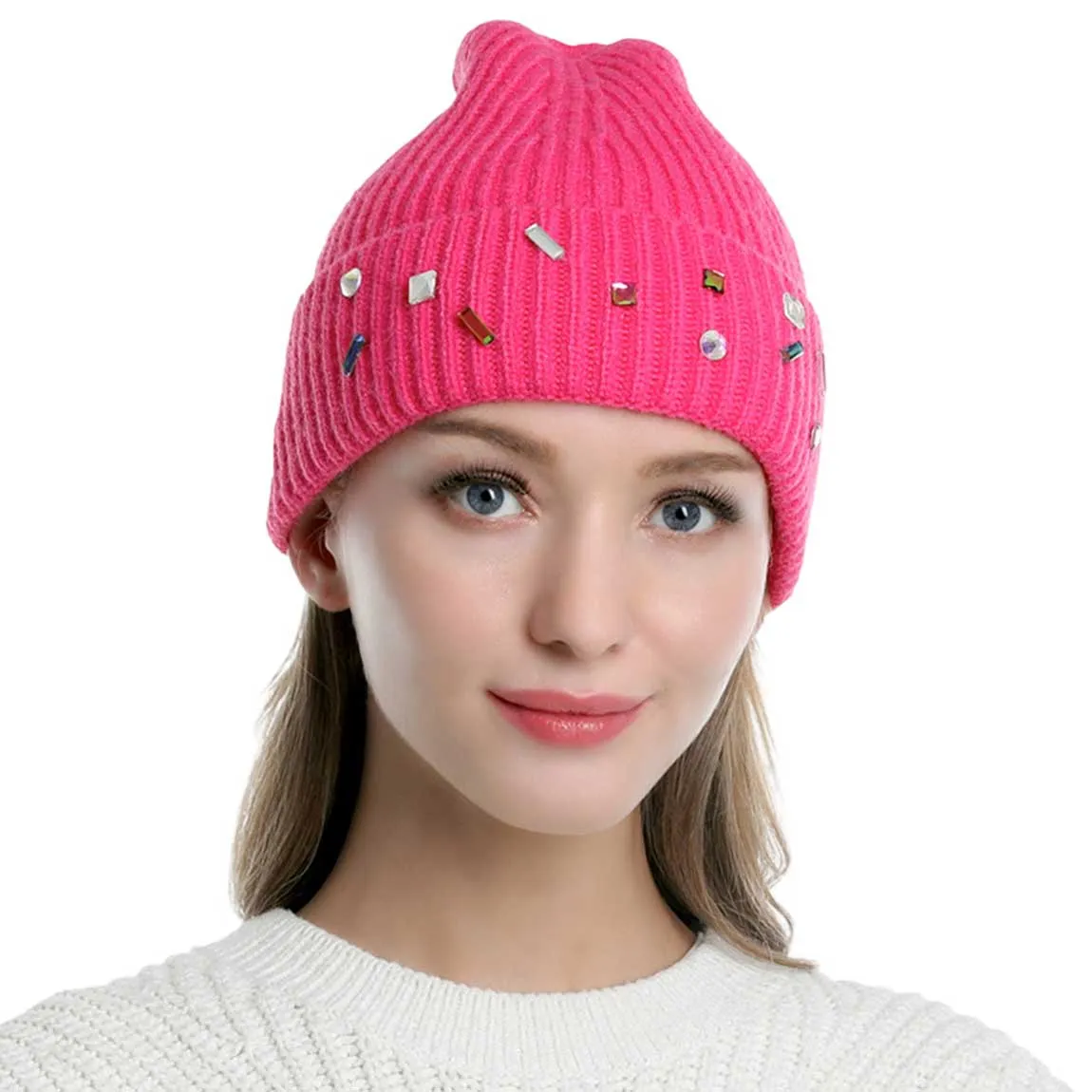 Bling Stone Embellished Knit Beanie Hat