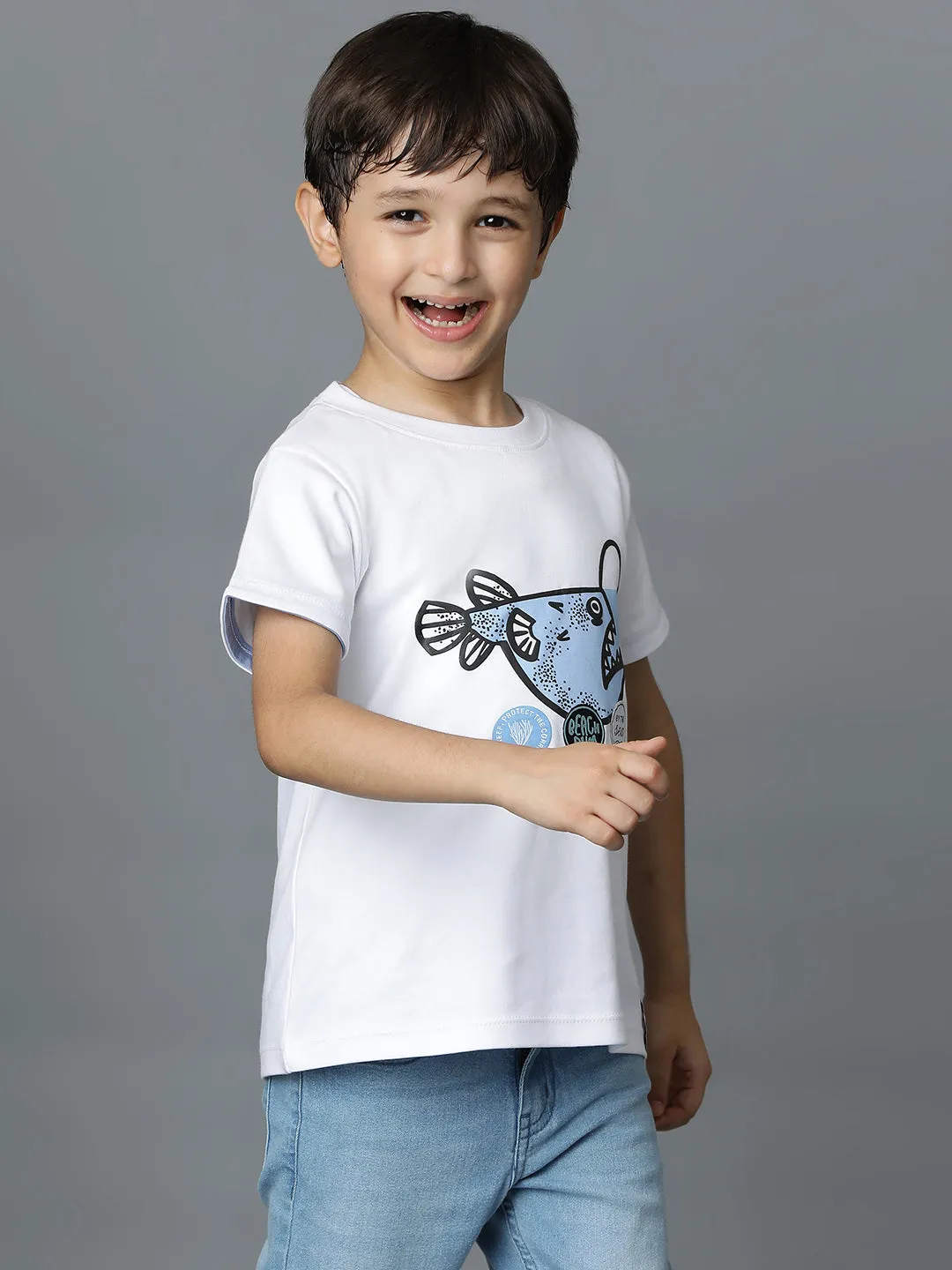 Boys White Printed T-Shirt