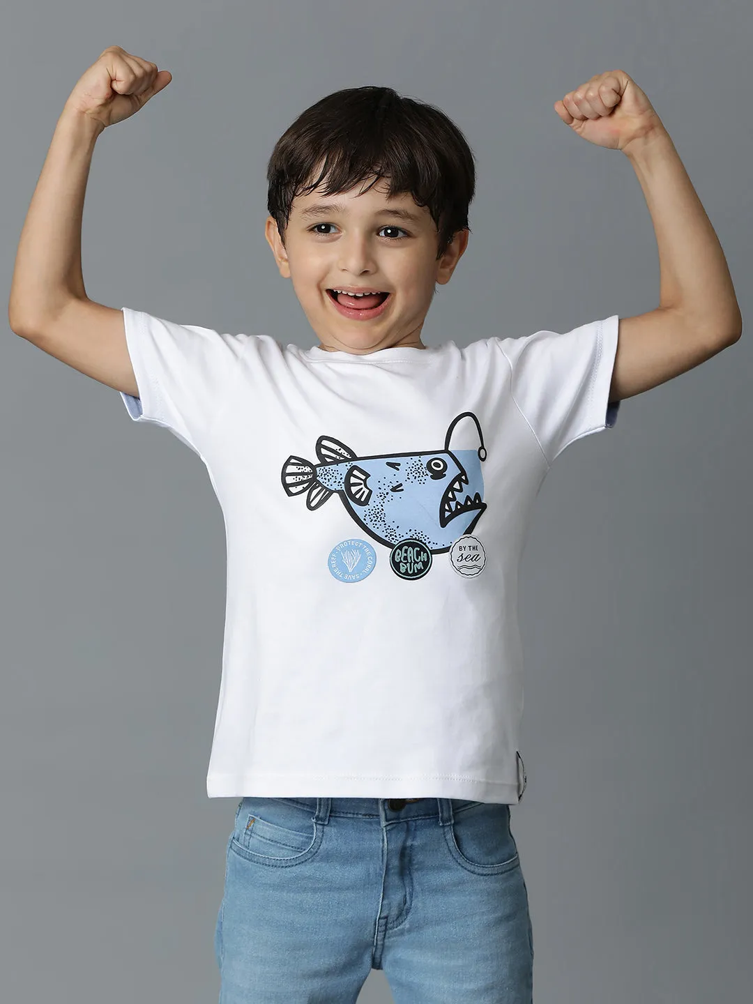 Boys White Printed T-Shirt