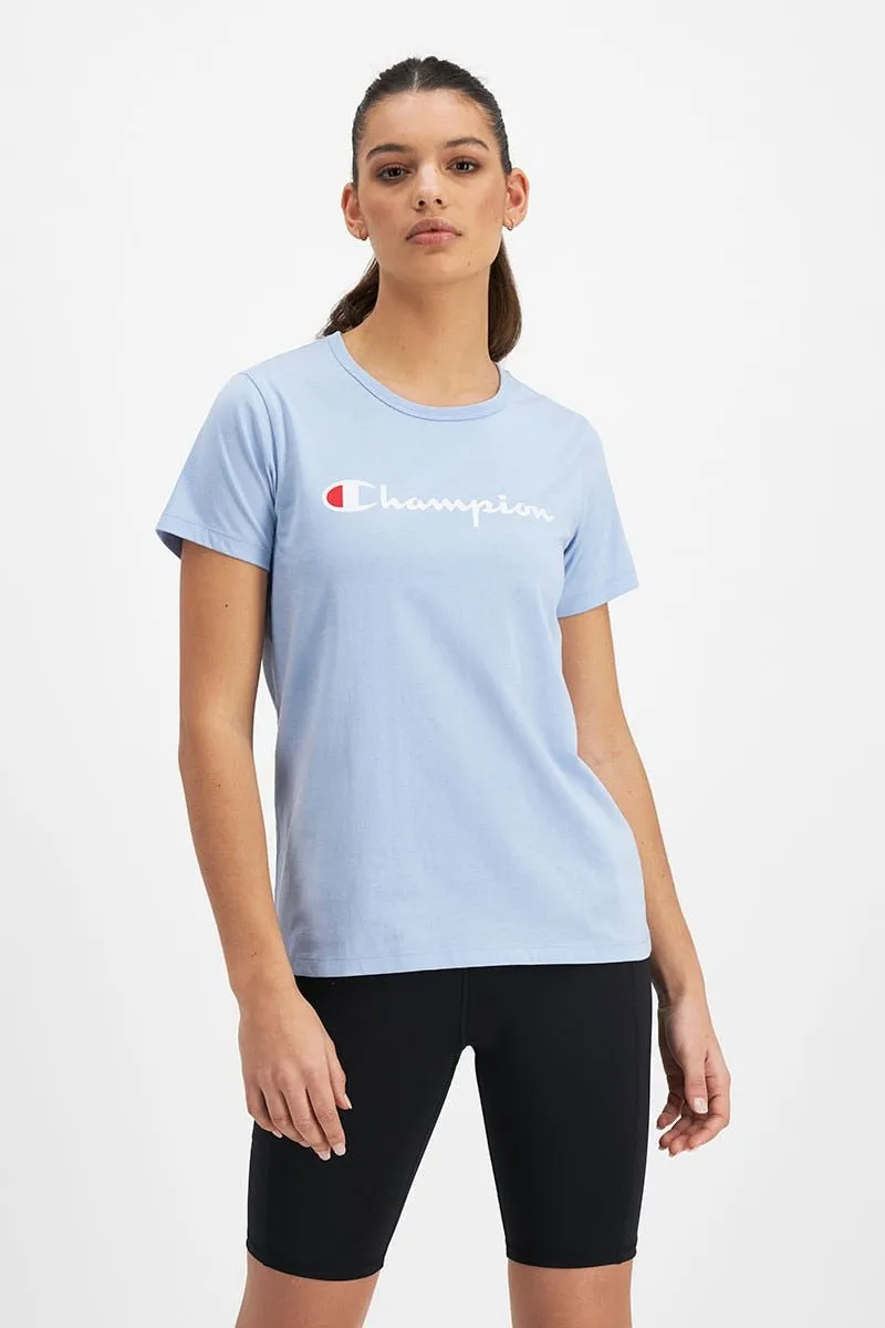 CHAMPION WOMEN'S SCRIPT SHORT BLUE SLEEVE TEE