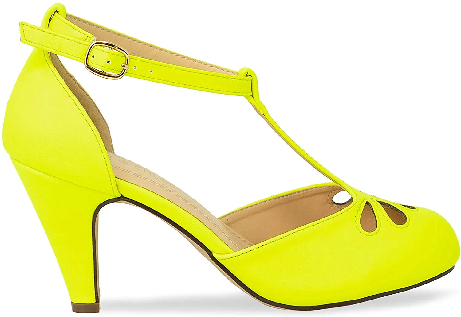 Chase & Chloe Kimmy-36 Women's Teardrop T-Strap Mid Heel Pumps, Yellow Pu