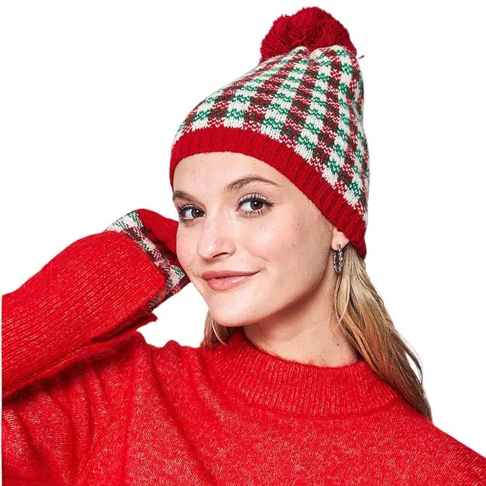 Check Patterned Pom Pom Beanie Hat