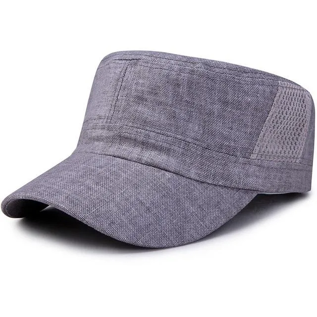 Classic Adjustable Breathable Linen Flat Top Snapback Military Hat