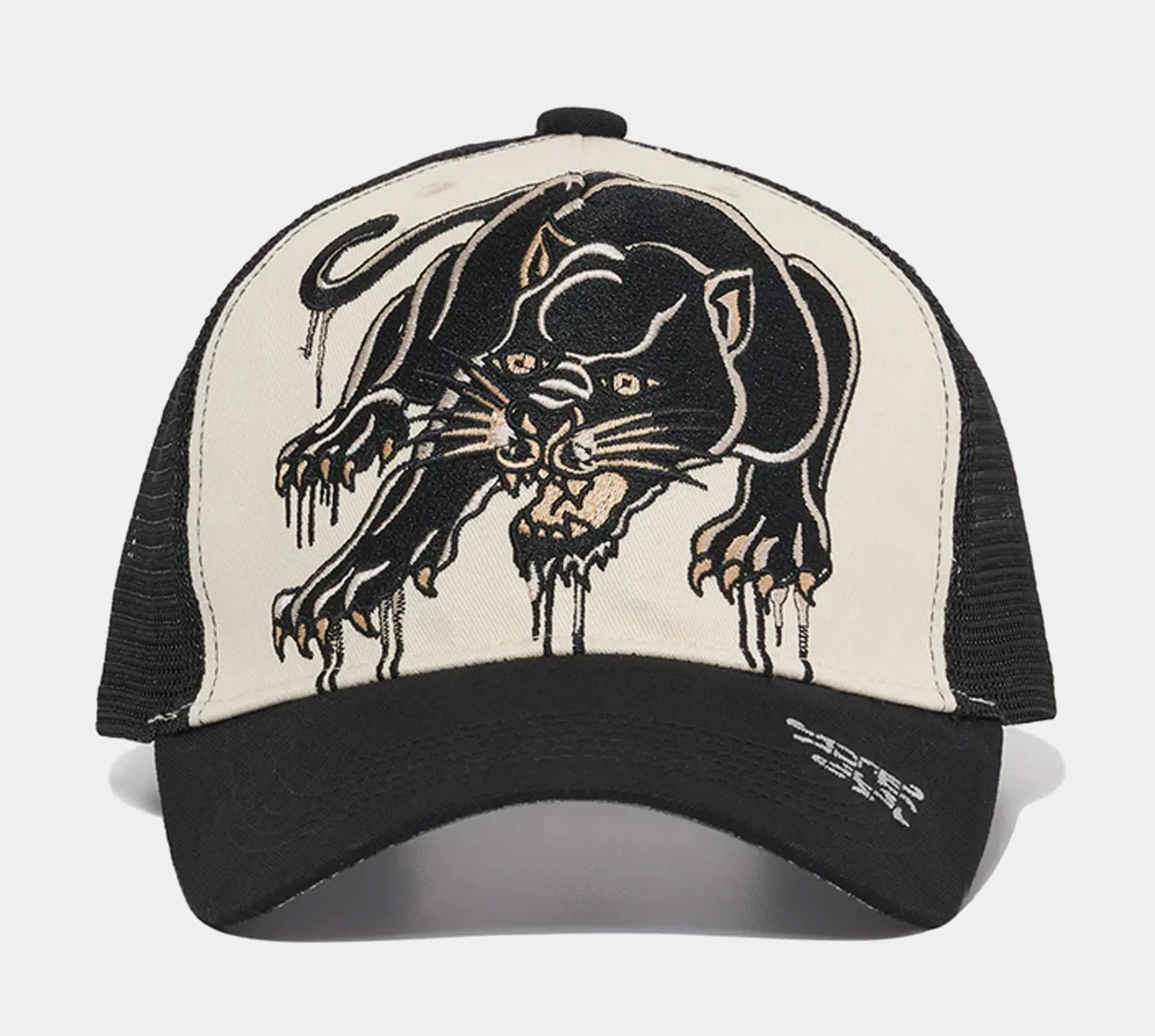 Crouching Panther Trucker Mens Hat (Black/Beige)