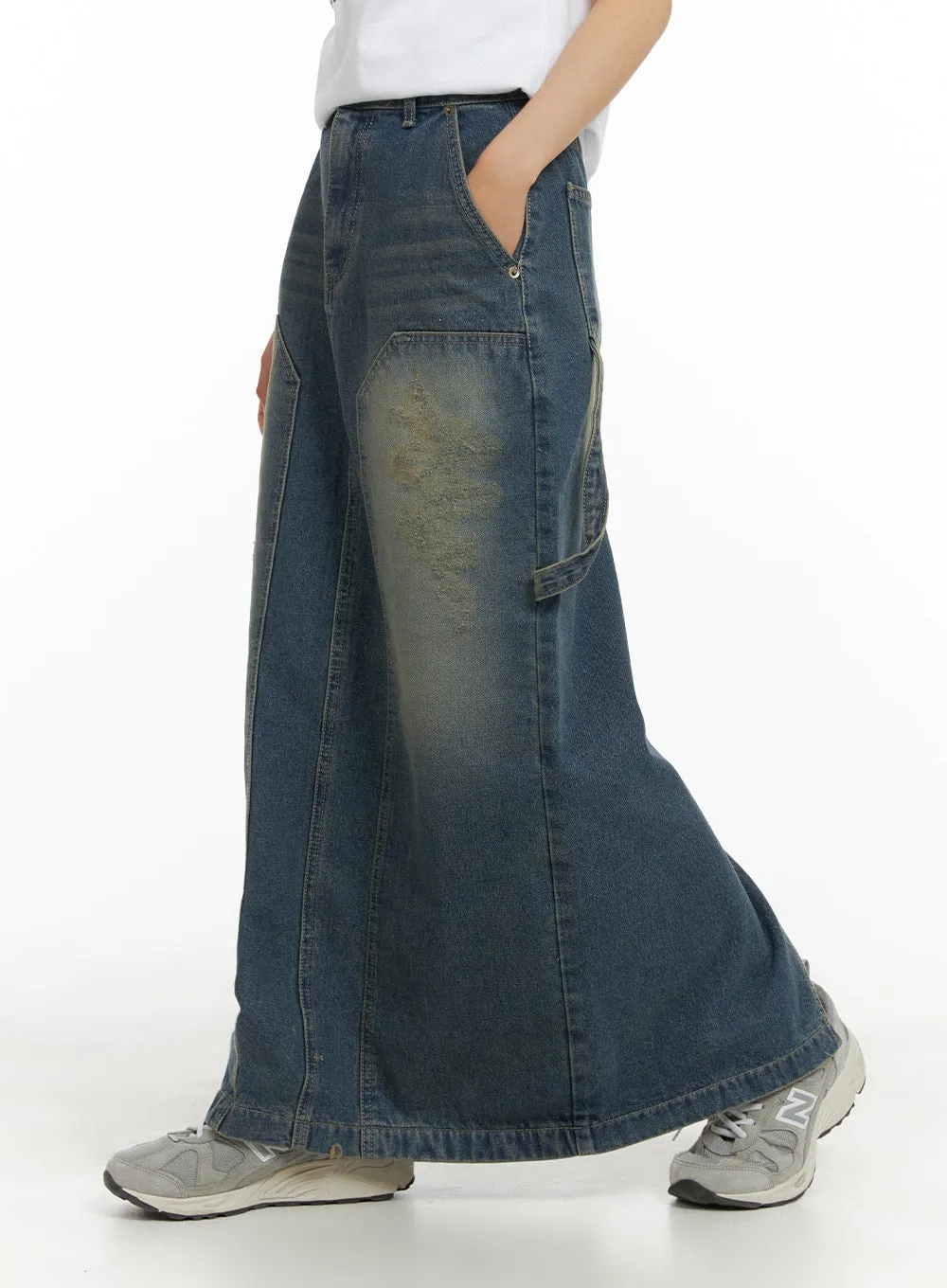 Destroyed Detail Denim Maxi Skirt CA408