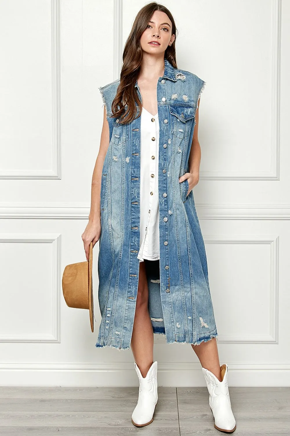 Distressed Longline Denim Jacket