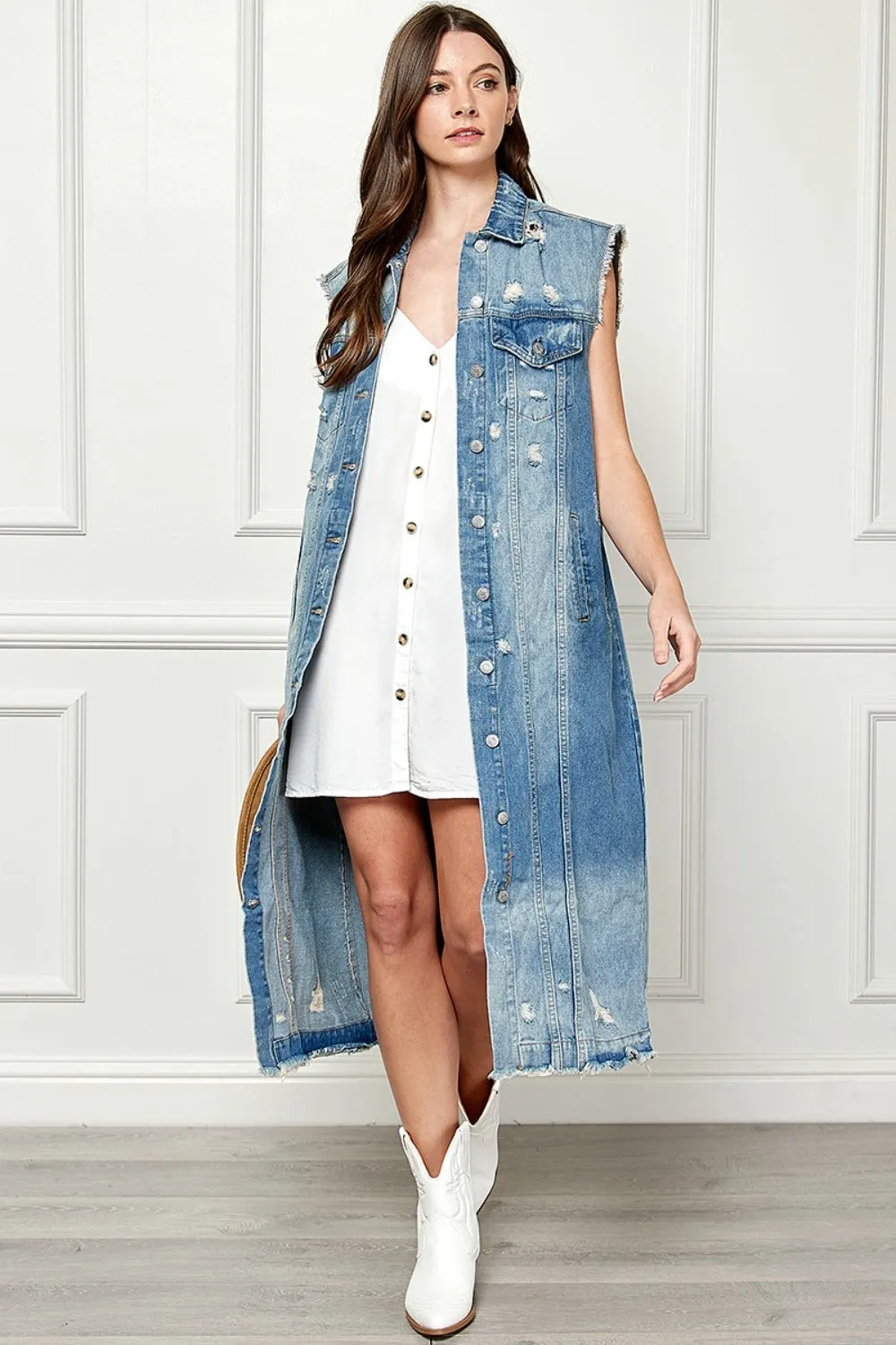 Distressed Longline Denim Jacket