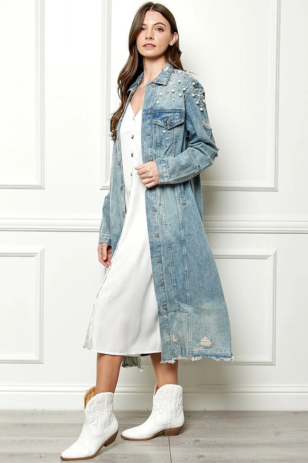 Distressed Pearl Detail Denim Jacket