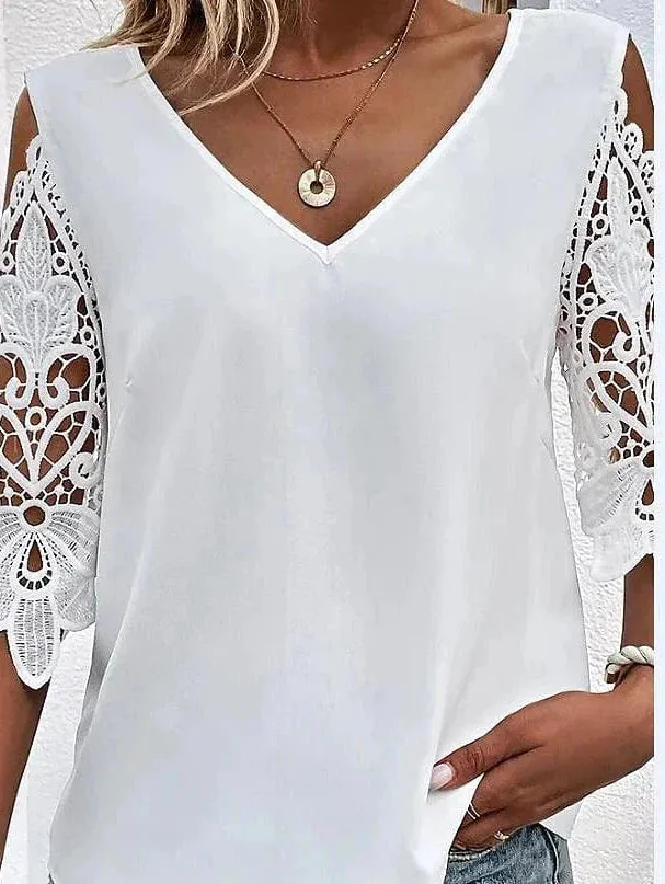 Elegant Women's Lace Shirt Blouse with V Neck and Eye-Catching Print