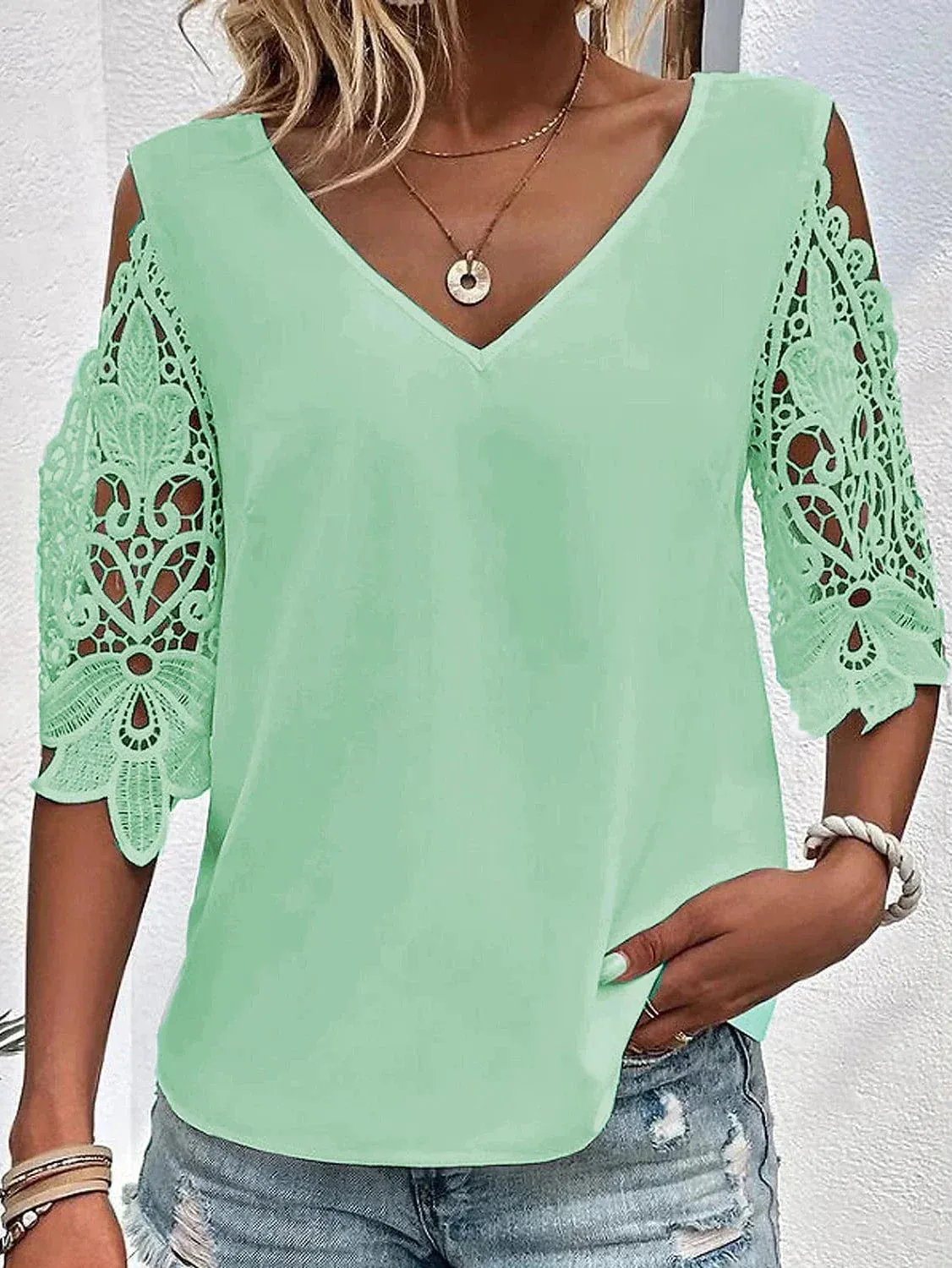 Elegant Women's Lace Shirt Blouse with V Neck and Eye-Catching Print