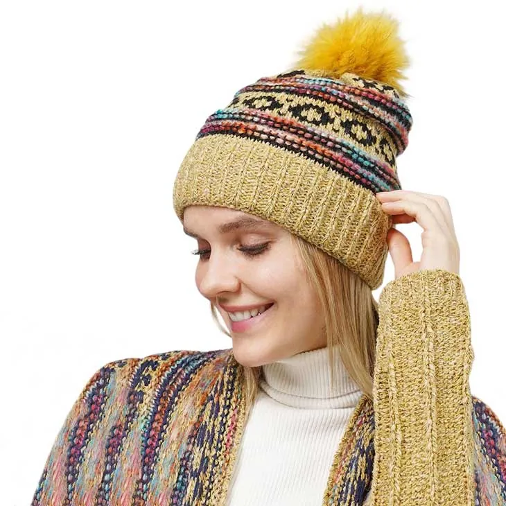 Ethnic Patterned Knit Pom Pom Beanie Hat