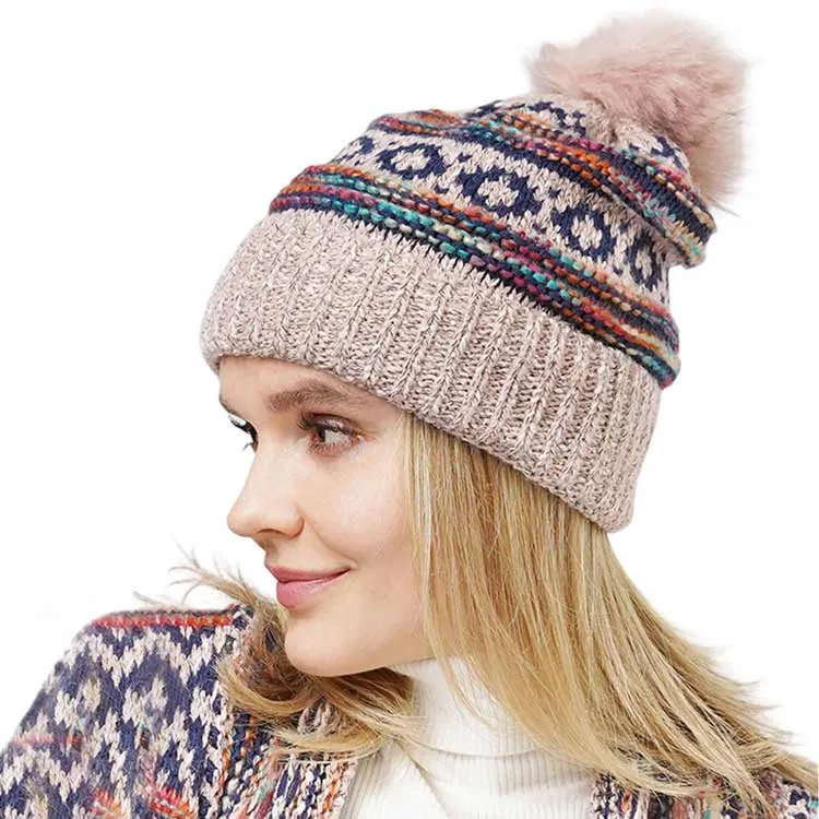 Ethnic Patterned Knit Pom Pom Beanie Hat