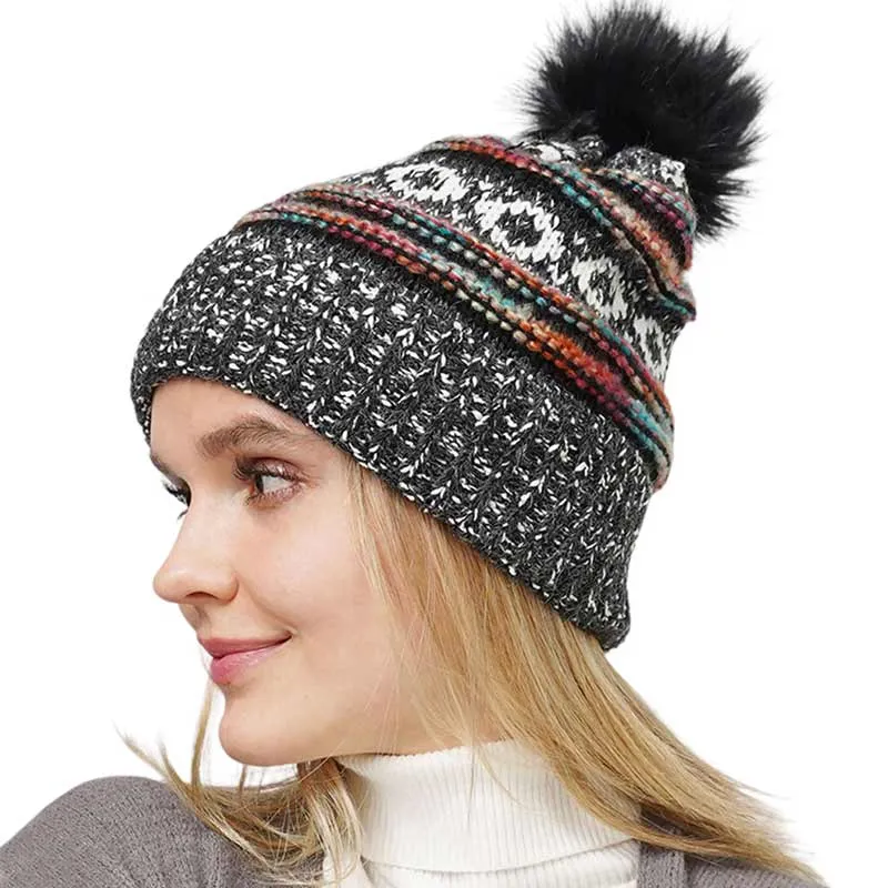 Ethnic Patterned Knit Pom Pom Beanie Hat