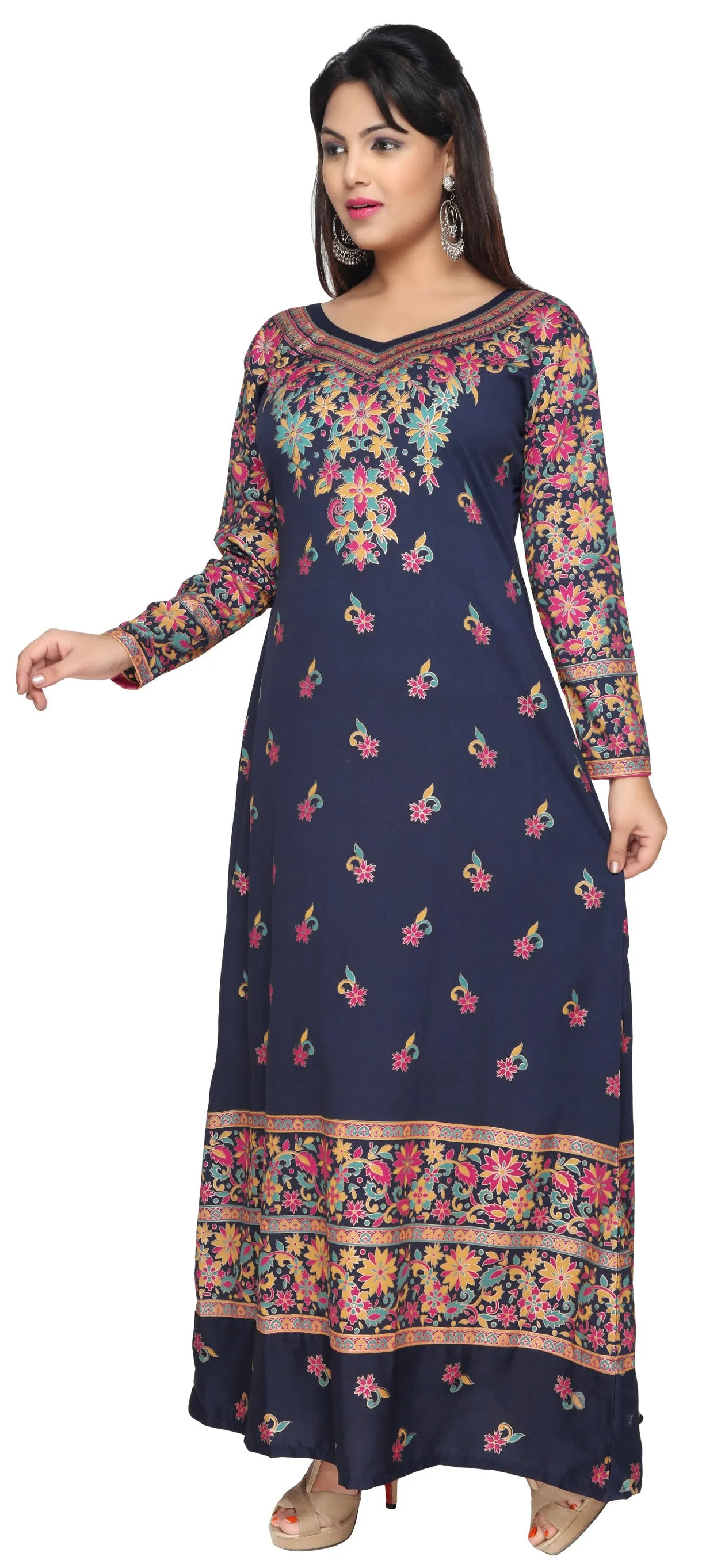 Evening Dress Printed Womens Long Caftan (Dark Blue)