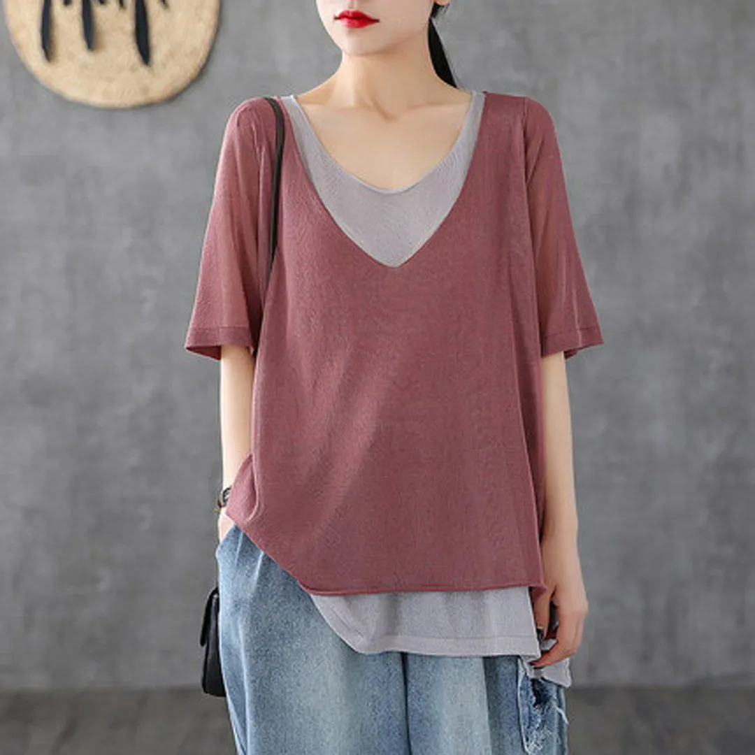 Fake Two-piece Knitted Half-sleeved T-shirt