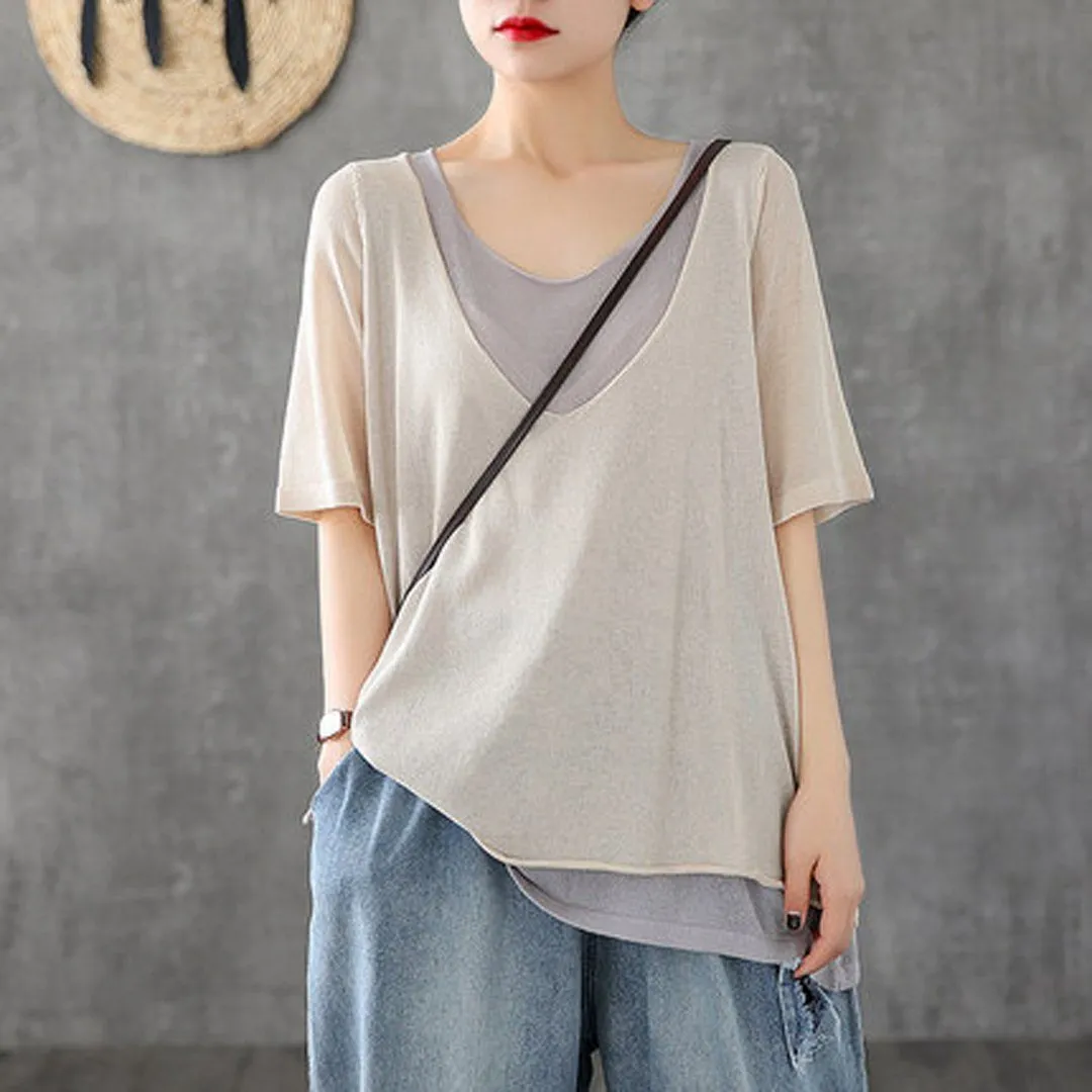 Fake Two-piece Knitted Half-sleeved T-shirt