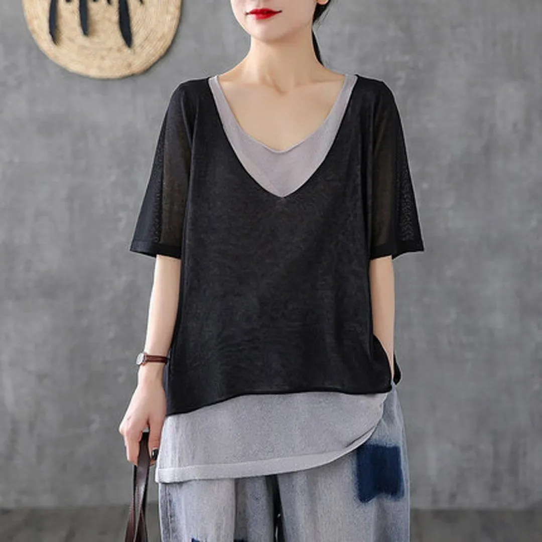 Fake Two-piece Knitted Half-sleeved T-shirt