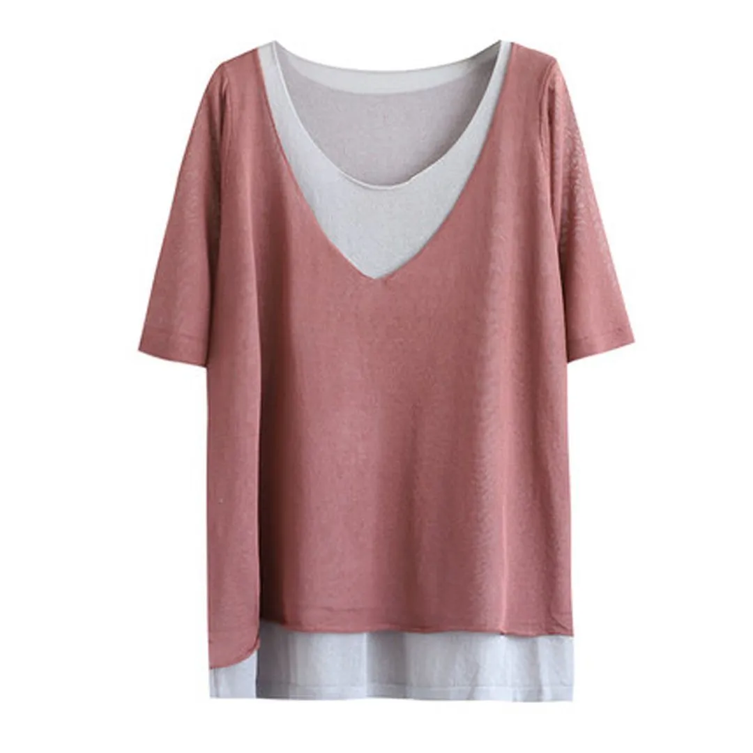 Fake Two-piece Knitted Half-sleeved T-shirt