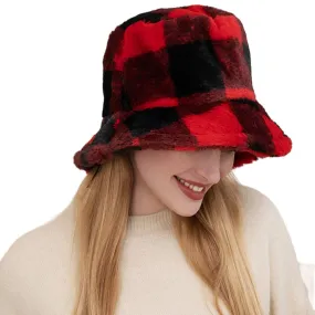 Faux Fur Buffalo Check Patterned Bucket Hat