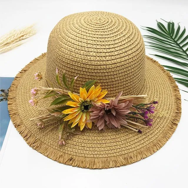 Floppy Foldable Straw Sun Hat with Floral Bowknot