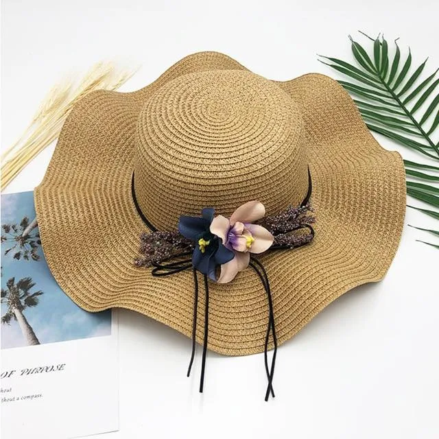 Floppy Foldable Straw Sun Hat with Floral Bowknot