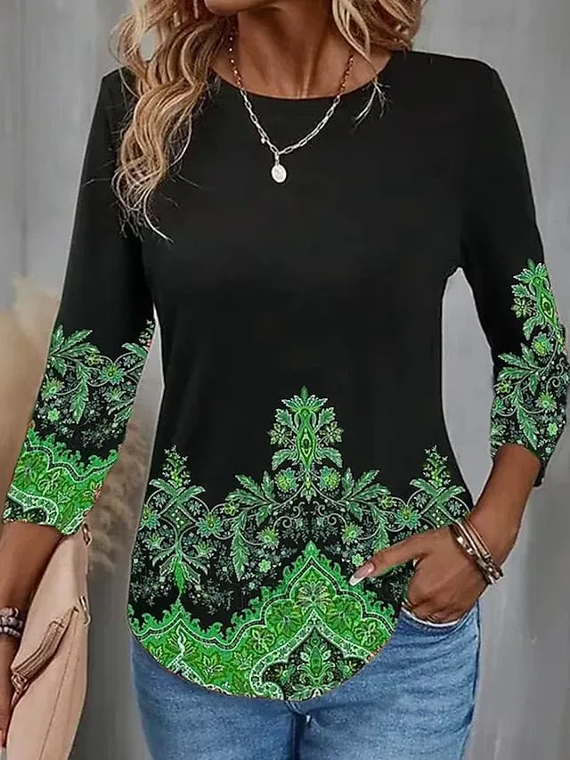 Floral Print Women's Long Sleeve T-shirt for Fall & Winter