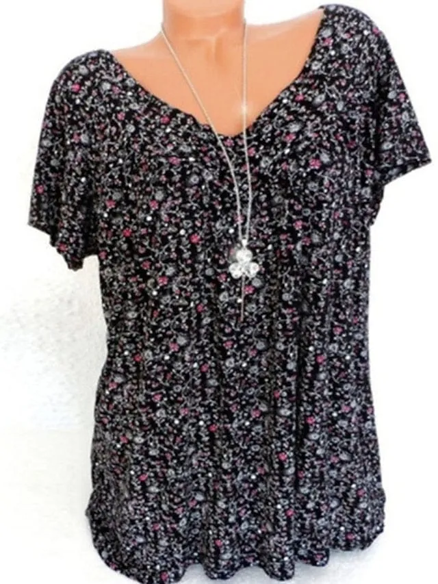 Floral Print Women's Plus Size T-shirt with Dolman Sleeve