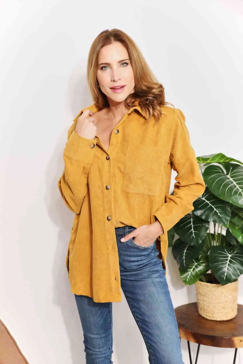 Full Size Oversized Corduroy Button-Down Tunic Shirt with Bust Pocket