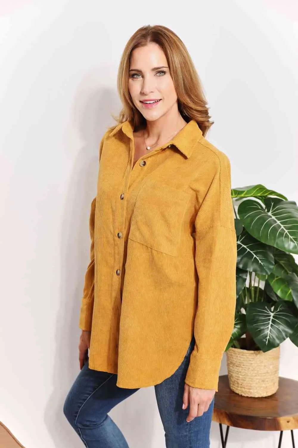 Full Size Oversized Corduroy Button-Down Tunic Shirt with Bust Pocket