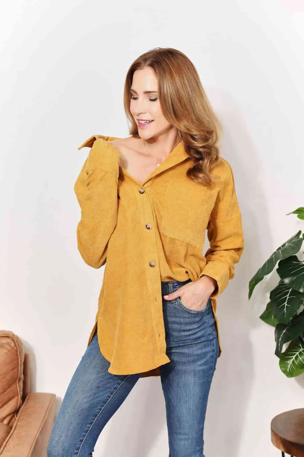 Full Size Oversized Corduroy Button-Down Tunic Shirt with Bust Pocket