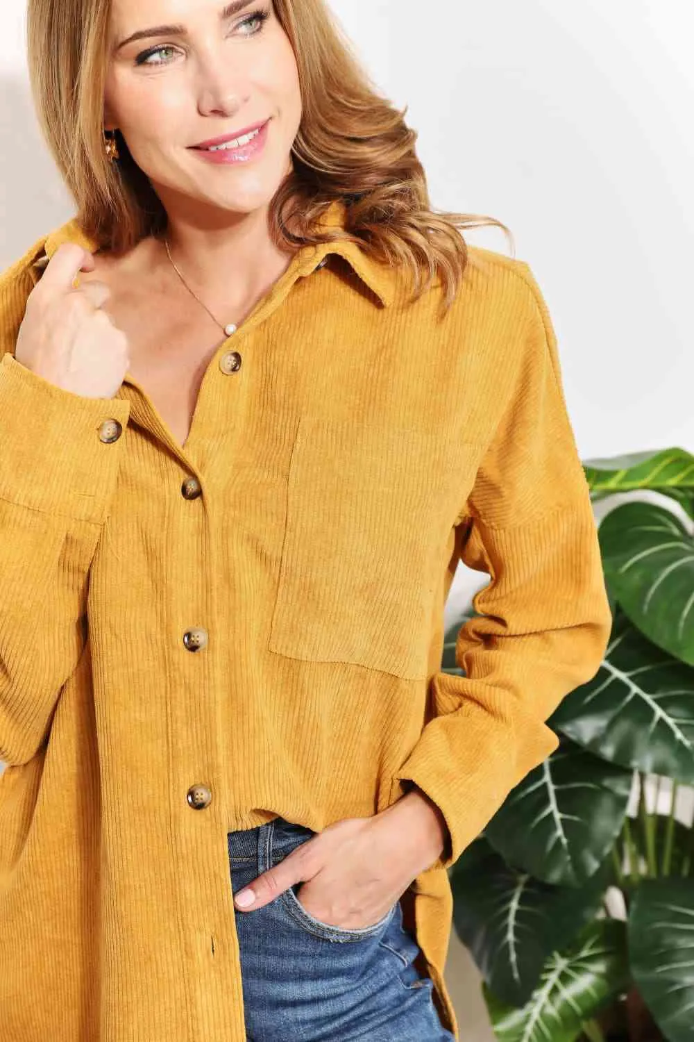 Full Size Oversized Corduroy Button-Down Tunic Shirt with Bust Pocket