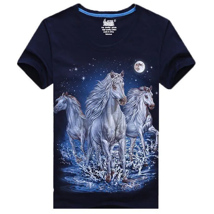 Galloping Wild White Horses Print Graphic T-Shirt in Navy | Gifts for Animal Lovers