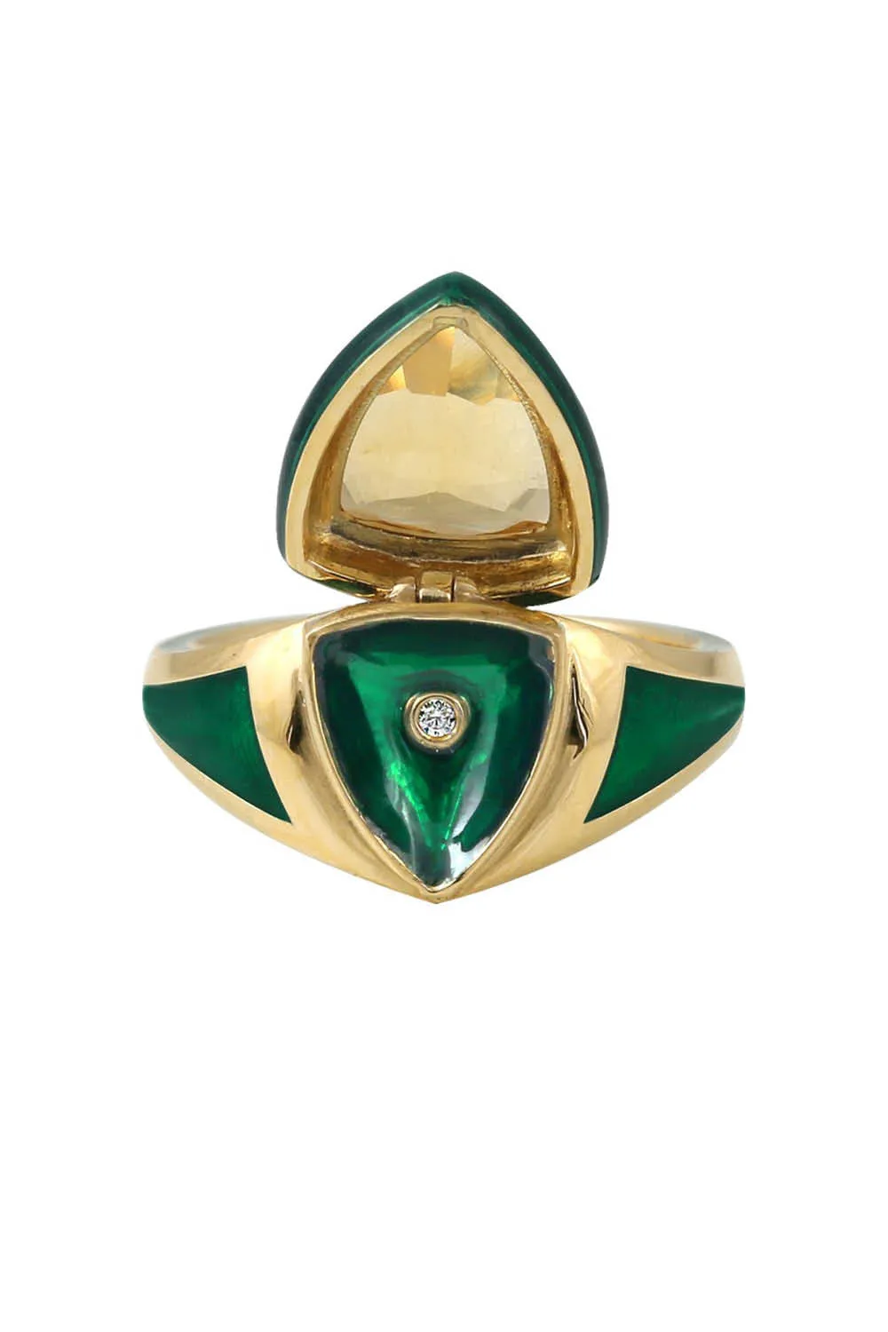 Green Enamel with Citrine and Diamond Shield Ring