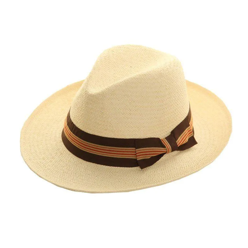 Hazy Blue Mens Straw Fedora II Hat Panama Style With Wide Stripe Band and Bow