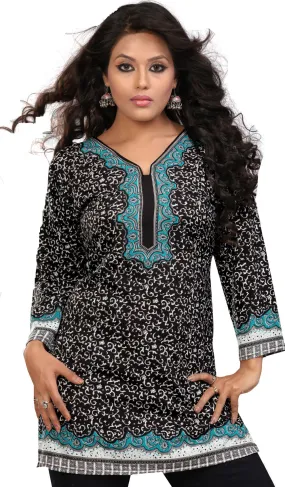 India Tunic Top Kurti Womens Printed Blouse Indian Apparel (Black/Turquoise)