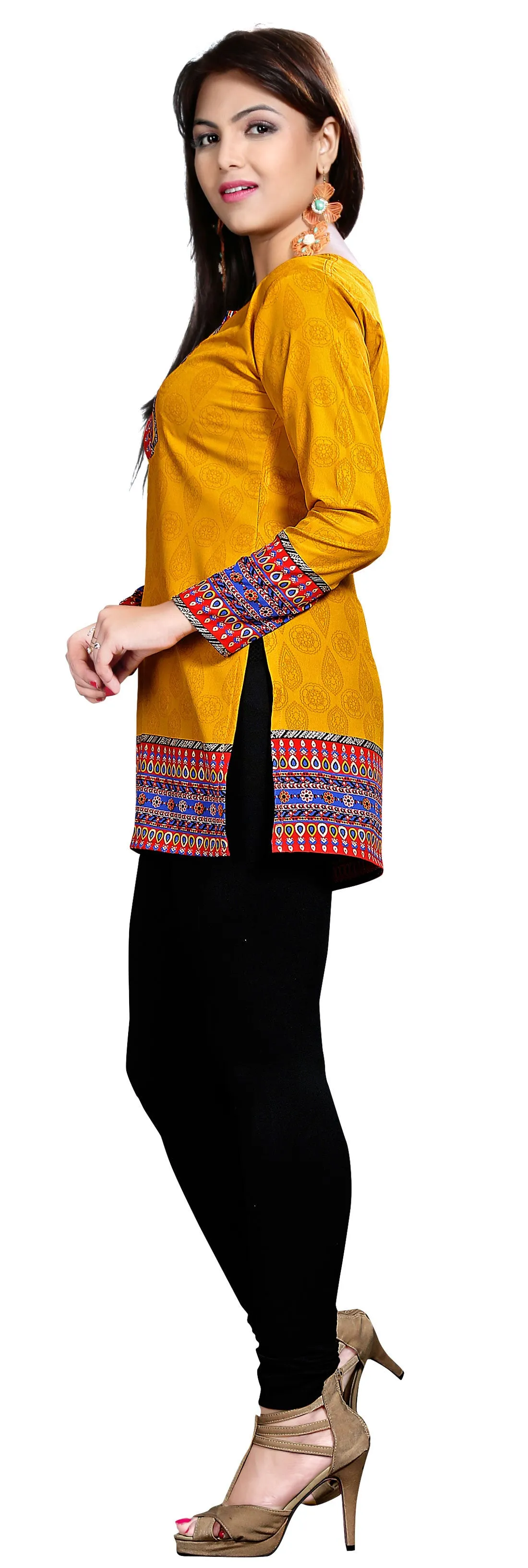 Indian Kurti Top Tunic Printed Womens Blouse India Clothes (Yellow)