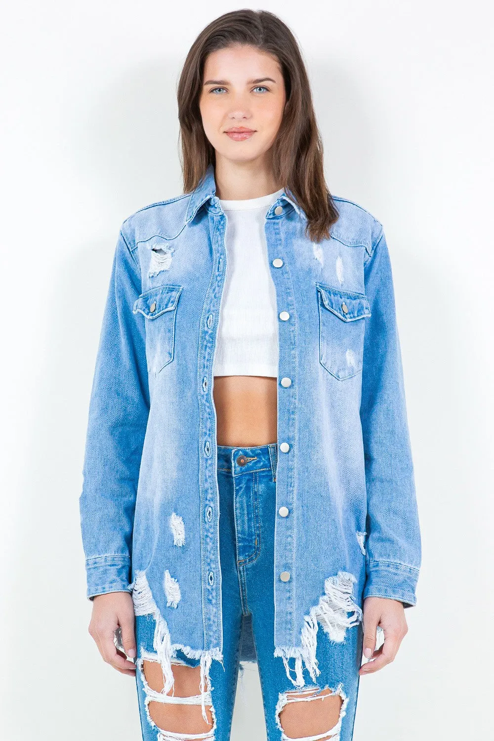 Light Blue Frayed Hem Distressed Denim Shirt Jacket