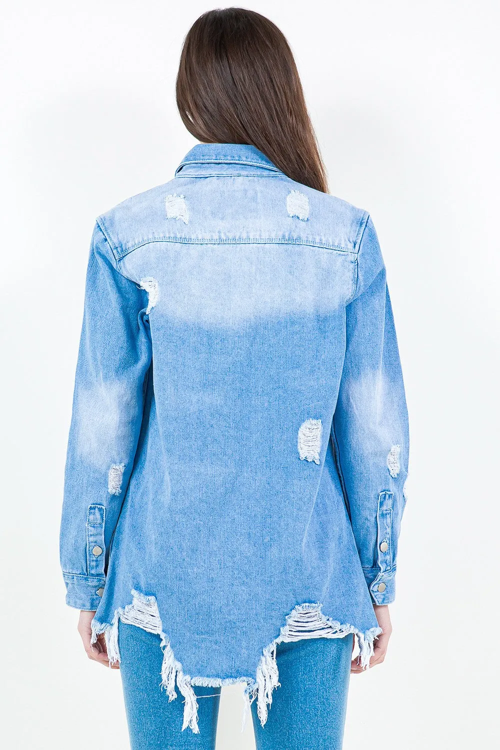 Light Blue Frayed Hem Distressed Denim Shirt Jacket