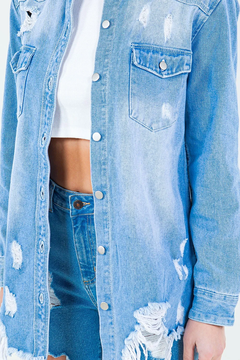 Light Blue Frayed Hem Distressed Denim Shirt Jacket