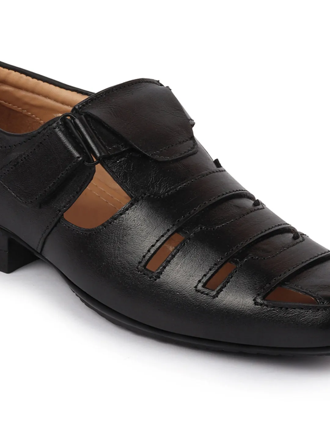 Men Black Formal Leather Hook & Loop Flat Sandals